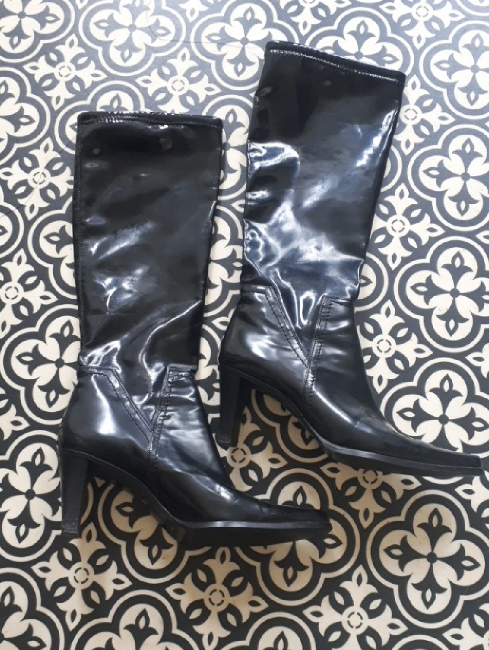 Black Patent Mid-Calf Heeled Boots - Women's Fashion Boots
